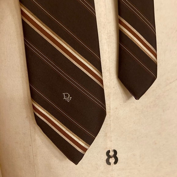 Dior Other - Christian Dior Tan Rust Striped Dark Brown Geometric Necktie Embroidered “Dior”